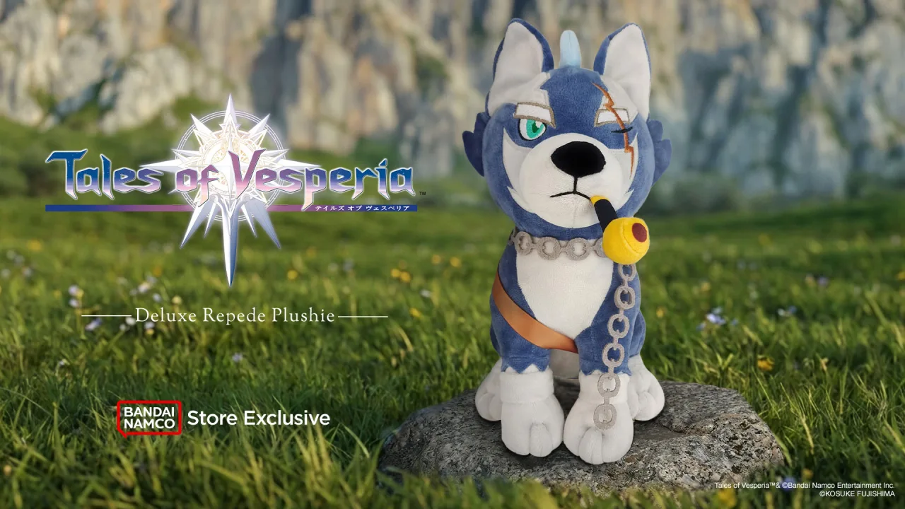 Jovem fazendo agachamento segurando o plushie Deluxe do Repede ao lado de um tapete de yoga