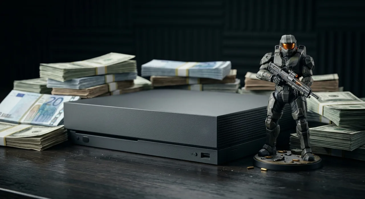 Marcus Fenix empunhando sua Lança, ao fundo o logo da Xbox e o selo “E‑Day” iluminado