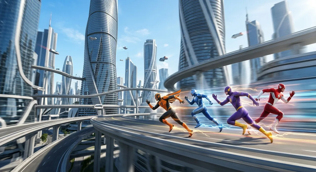 Velocistas da Marvel – Whizzer, FastForward, Northstar, Makkari e The Runner – em corrida com rastro de luz