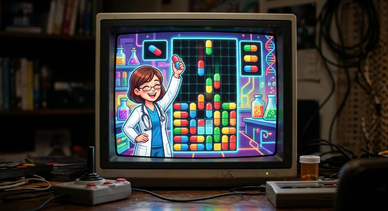 Annalyyn MD ao lado de Dr. Mario, com cápsulas coloridas caindo sobre um tabuleiro de vírus em estilo pixel
