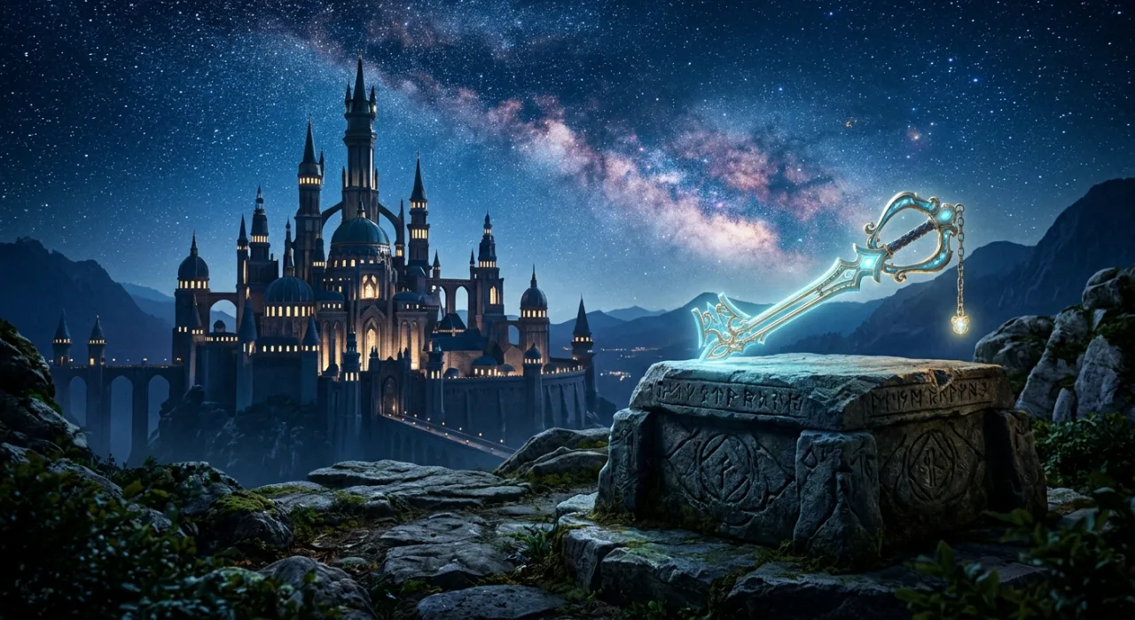 Sora empunhando a Keyblade, ao lado de Mickey e Donald, com o logo Disney+ ao fundo em estilo anime