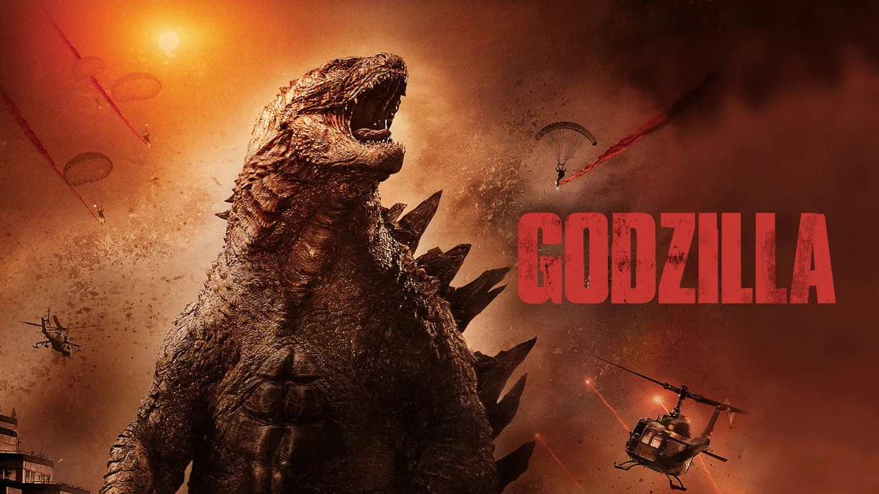 Atleta usando camiseta com estampa de Godzilla, correndo na esteira enquanto a tela IMAX exibe o monstro