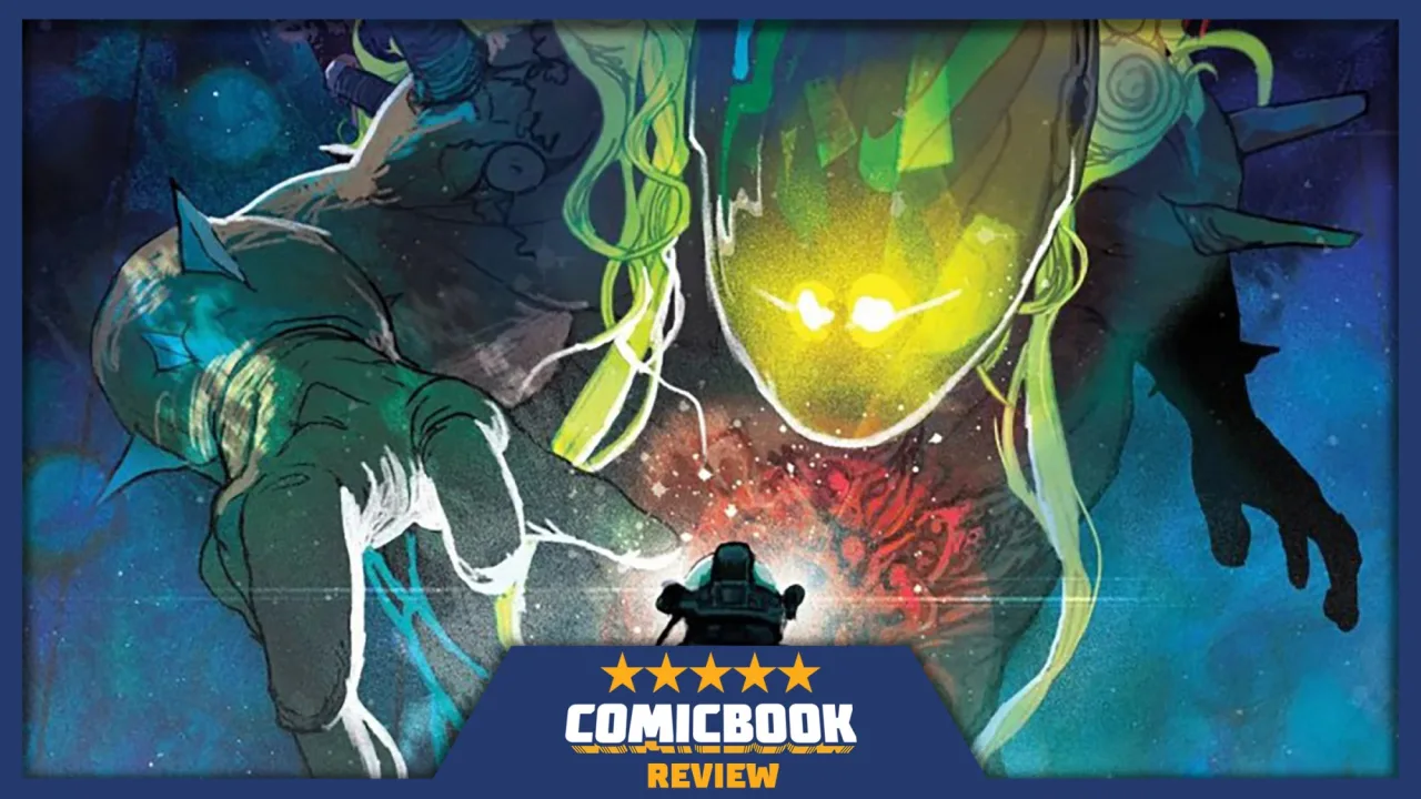 Capa de Event Horizon: Pandemonium #1 mostra um herói de armadura negra sob um céu distorcido em chamas