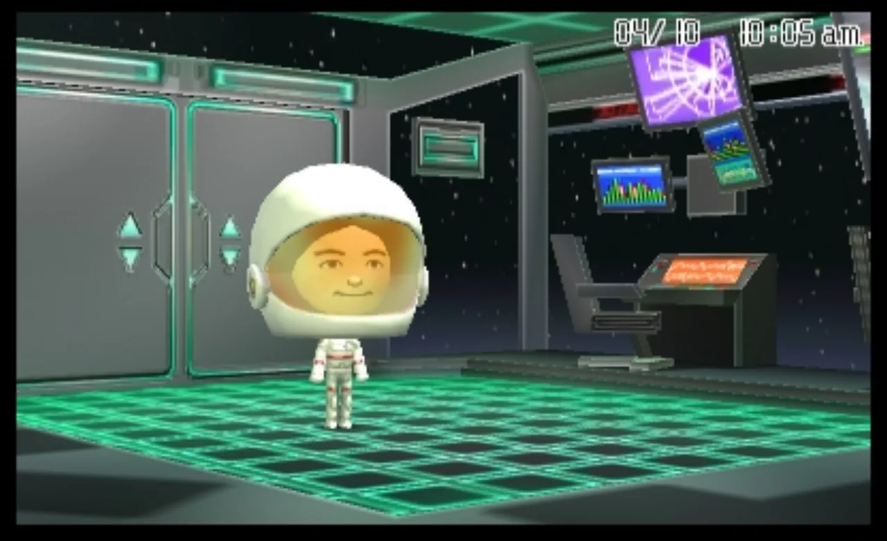 Personagens Mii praticando yoga em um tapete ao ar livre com uma tigela de frutas frescas ao lado