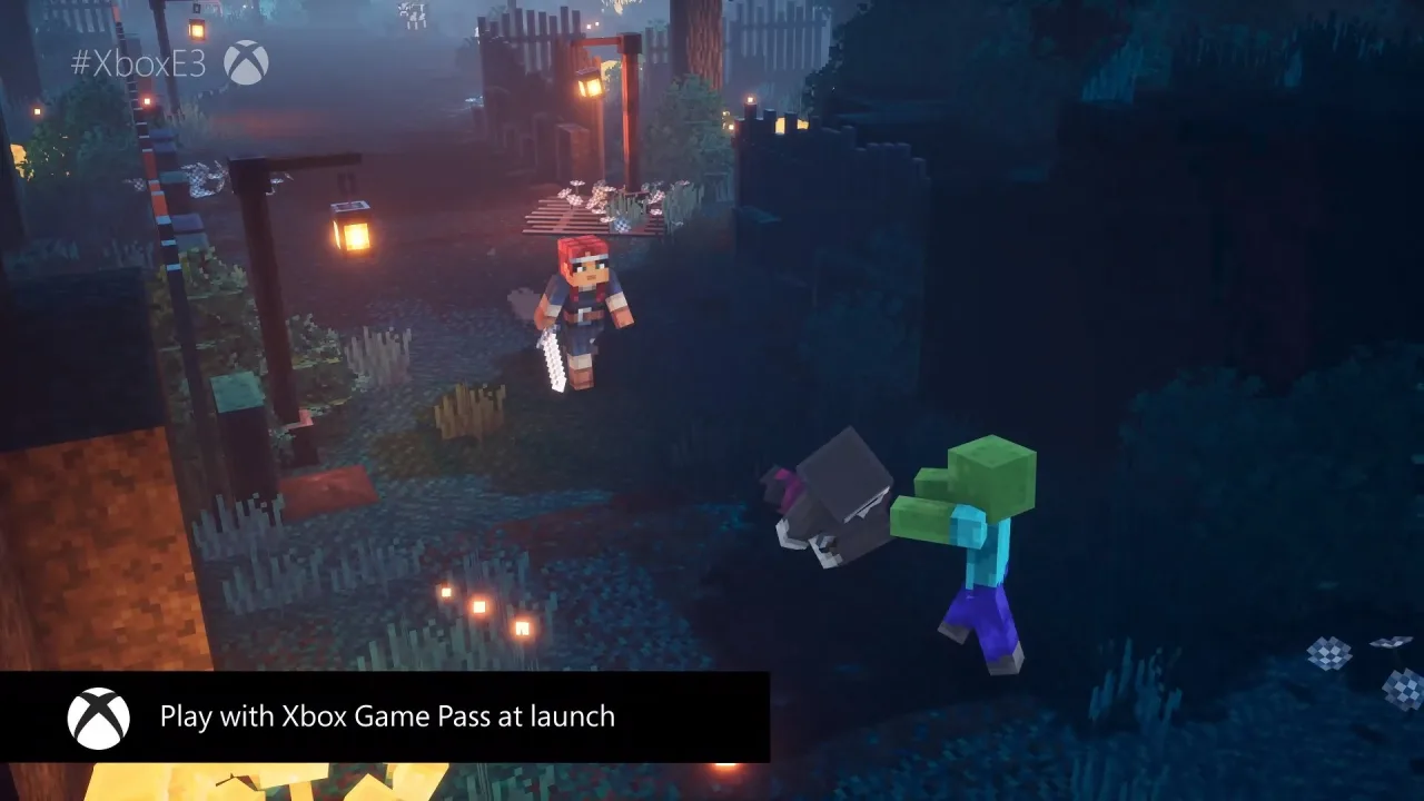 Jovem em roupa esportiva joga Minecraft Dungeons II no laptop, ao lado de garrafa d'água e halteres