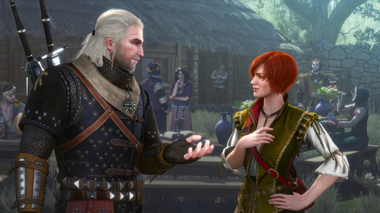 Geralt em pose de treino, segurando uma espada de espuma enquanto bebe um shake de whey ao lado de um tapete de yoga