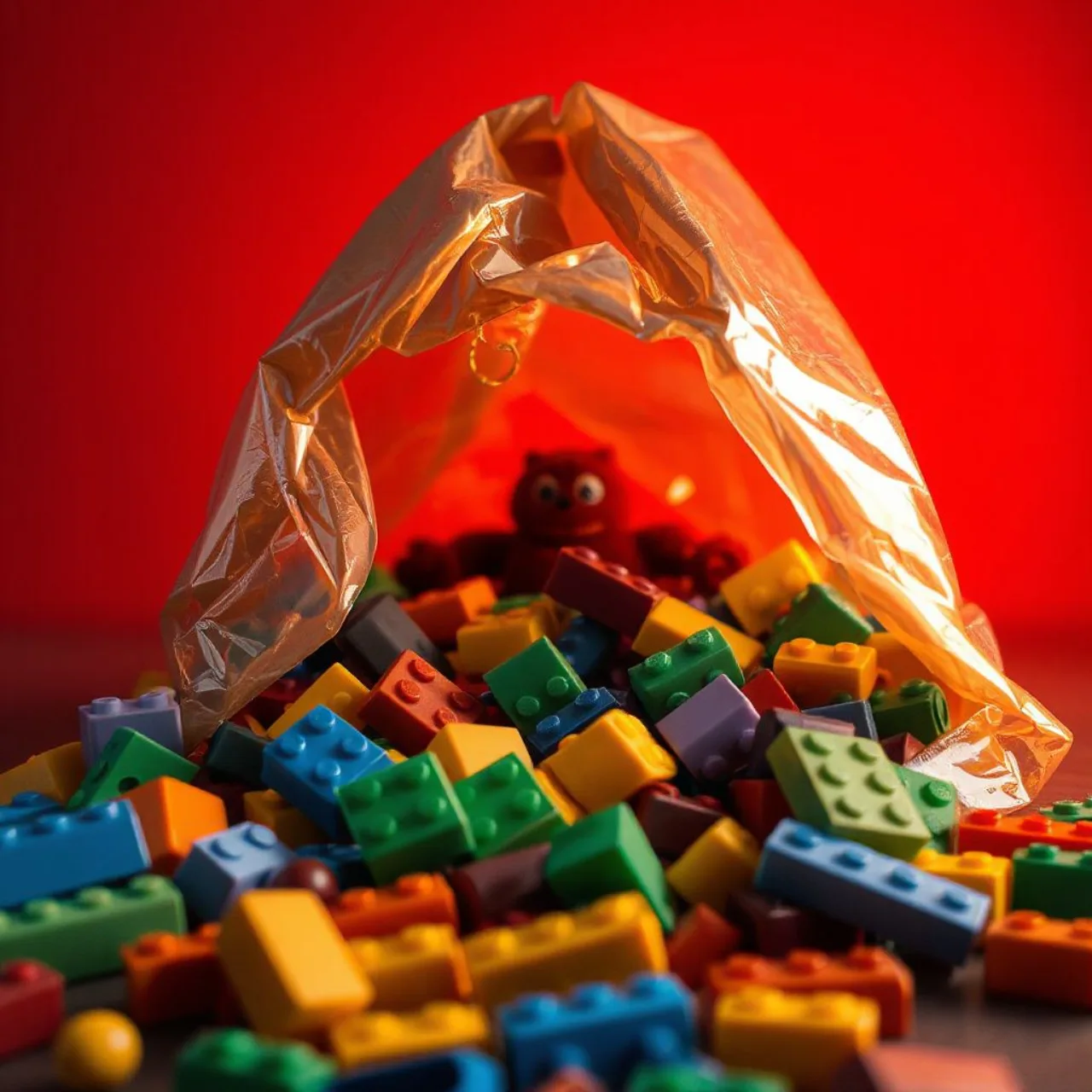 Pikachu de LEGO dentro de uma sacola misteriosa com logos da LEGO e Pokémon ao fundo