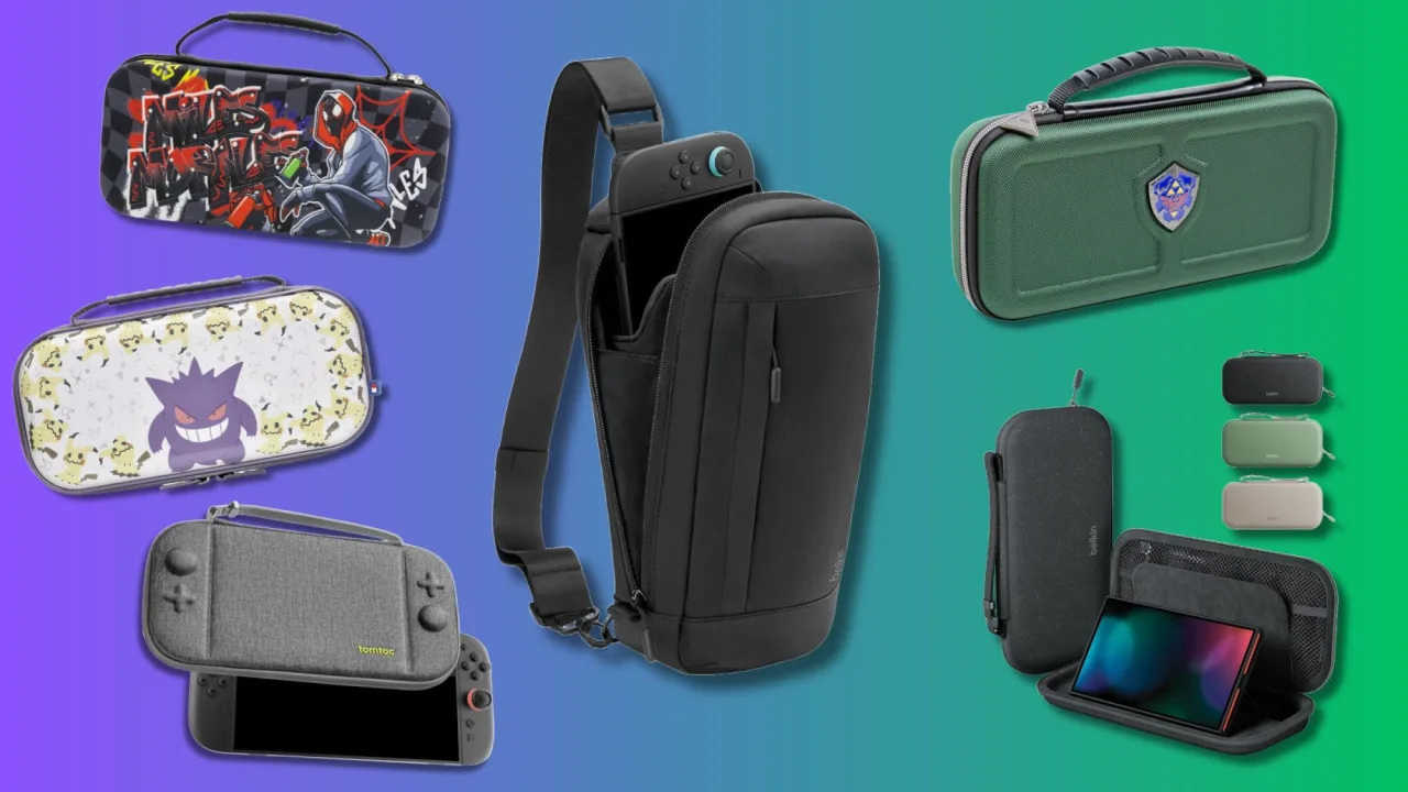 Nintendo Switch 2 sobre uma mesa, cercado por capas de silicone, rígidas e folio para viagem