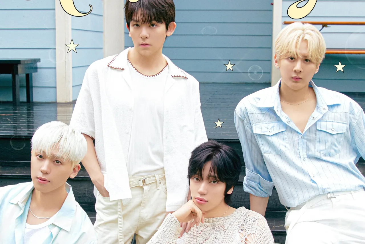 Membros de Teen Top posam em traje escuro ao lado do logo “DON'T STOP” e da data 15/10