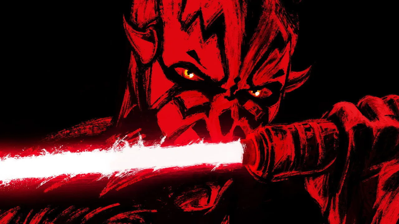 Homem em traje de Darth Maul faz agachamento com sabre duplo vermelho e segura garrafa de whey na academia
