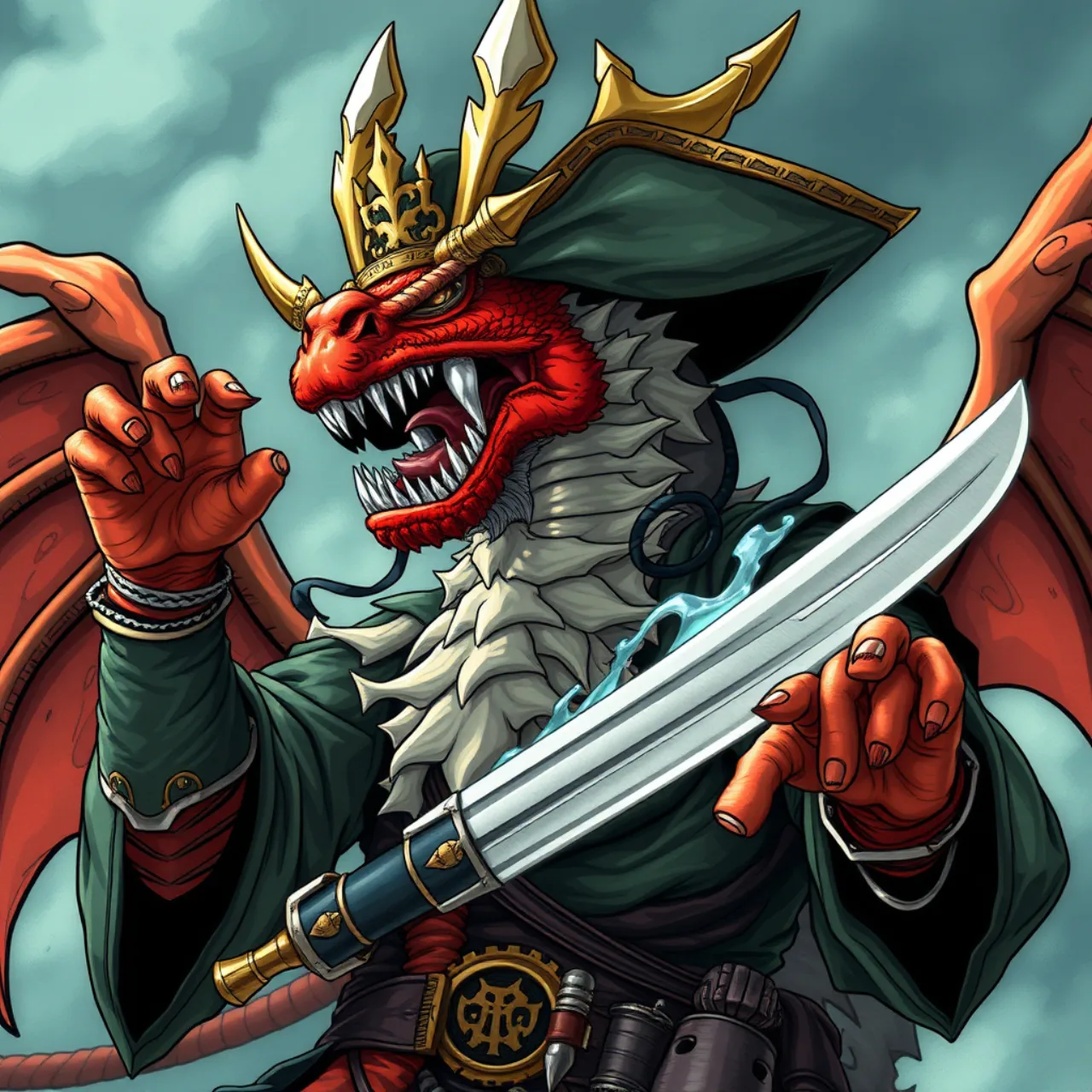 Kaido em pose de luta, musculoso, segurando um card ilustrado por Keisuke Itagaki, ao lado de halteres e um barbell