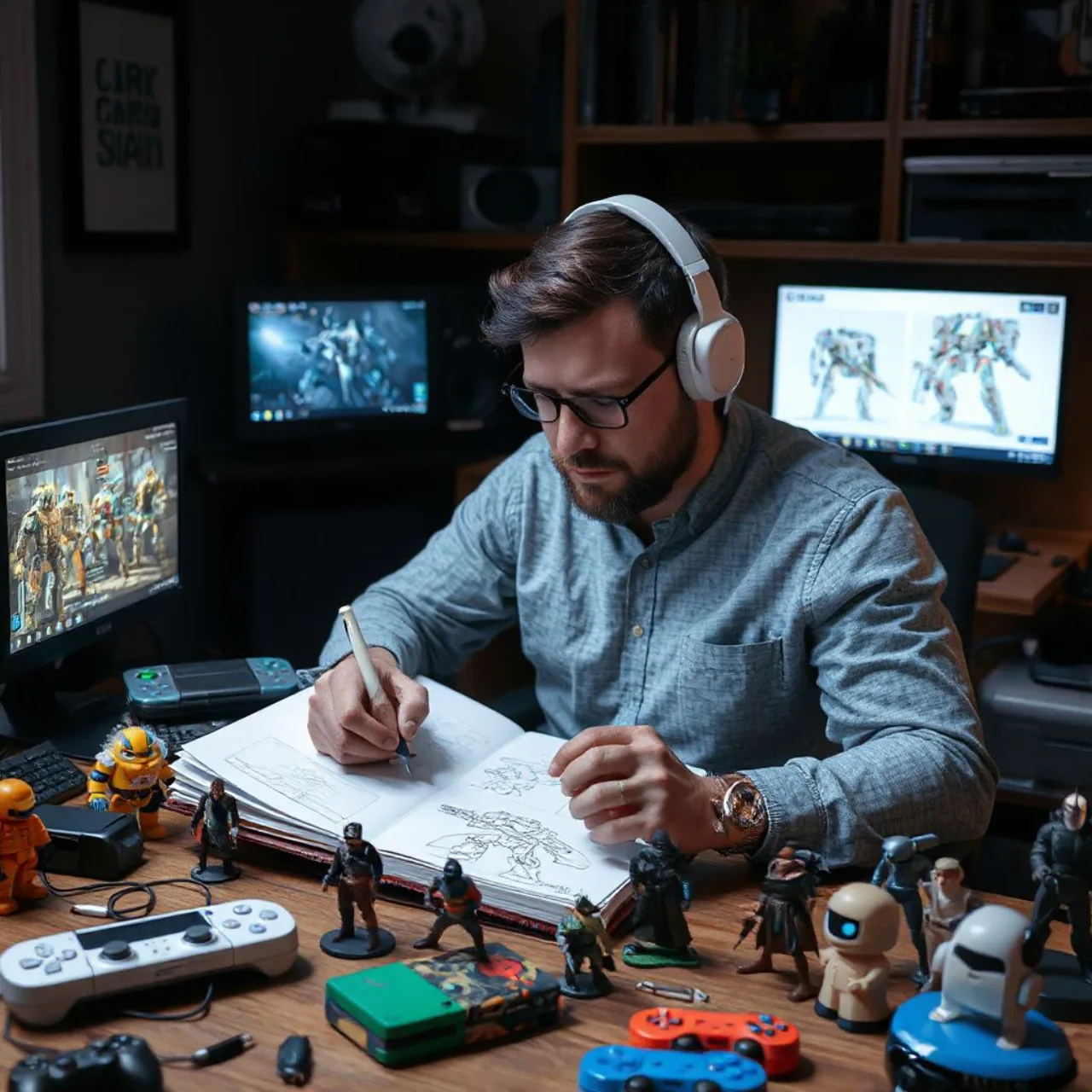 Shinji Usui ao lado de pôster de Metal Wolf Chaos, com o logo da FromSoftware ao fundo e um controle de console