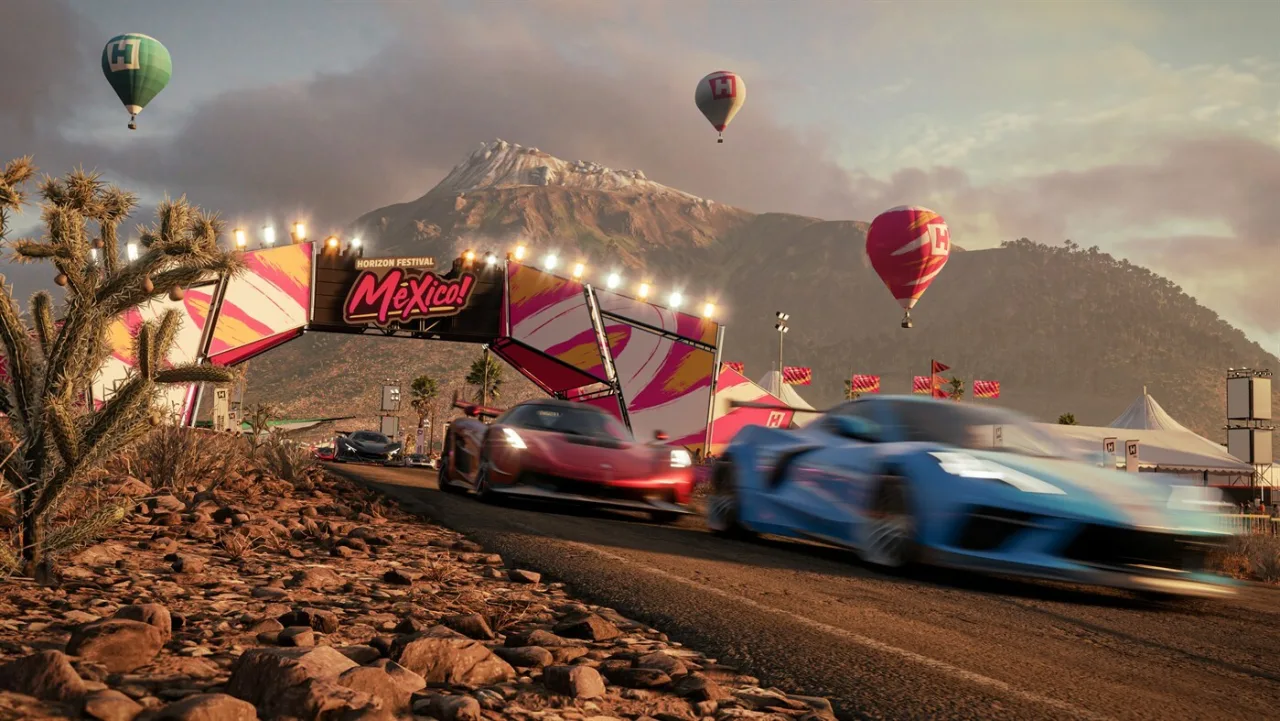 Pessoa focada jogando Forza Horizon 6 em um simulador de corrida com volante, pedais e iluminação gamer neon