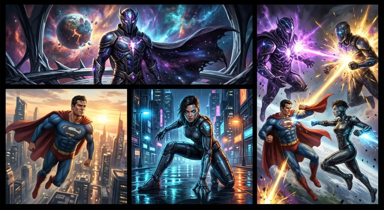 Cyborg, Superman, Alan Scott e Red Hood em destaque ao lado do logotipo da DC Comics