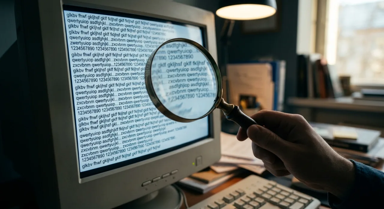 Pessoa focada em um computador com gráficos de dados, cercada por acessórios de ginástica e uma garrafa de água