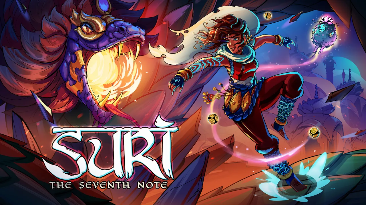 Suri, heroína neon, corre por plataformas com logos PS5 e PC ao fundo