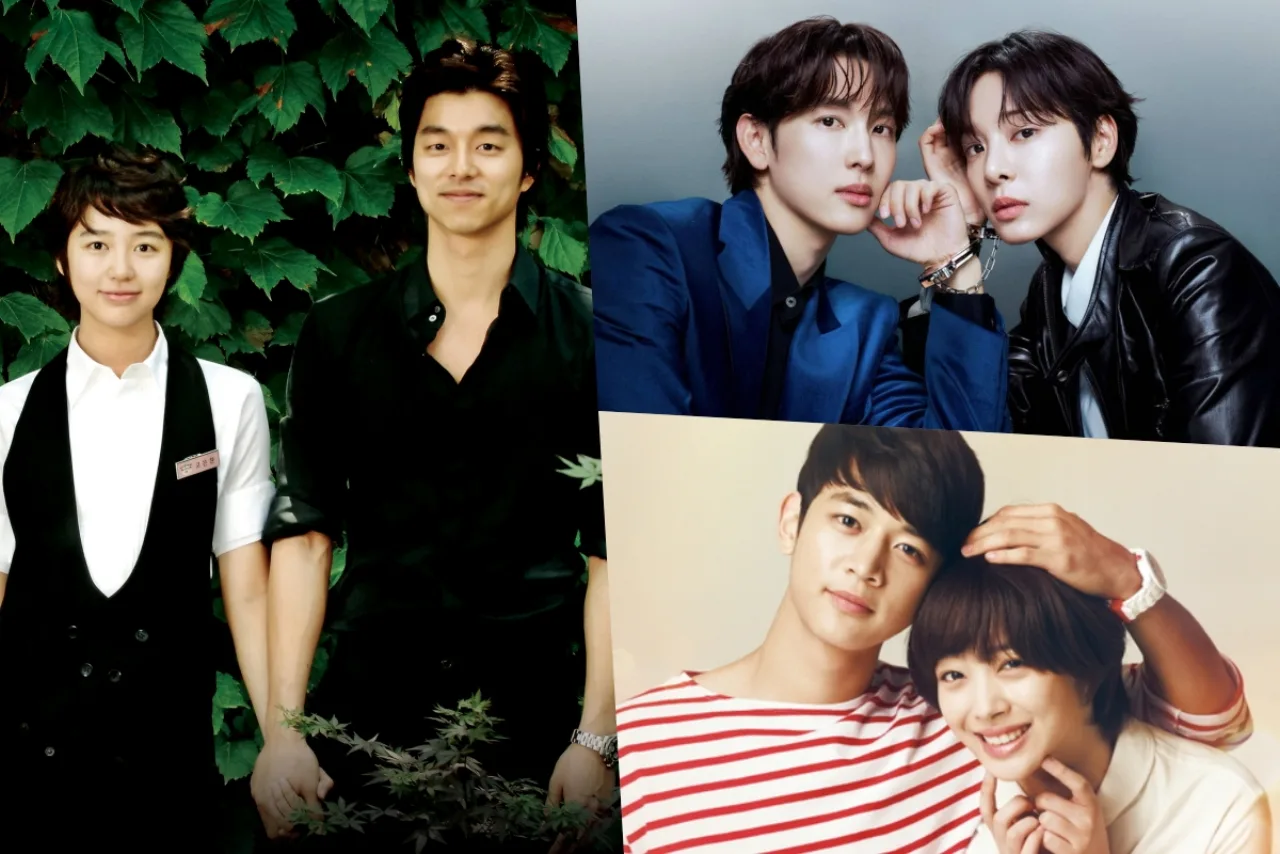 Montagem com pôsteres de seis K‑dramas e um filme coreano, mostrando protagonistas em trajes trocados de gênero