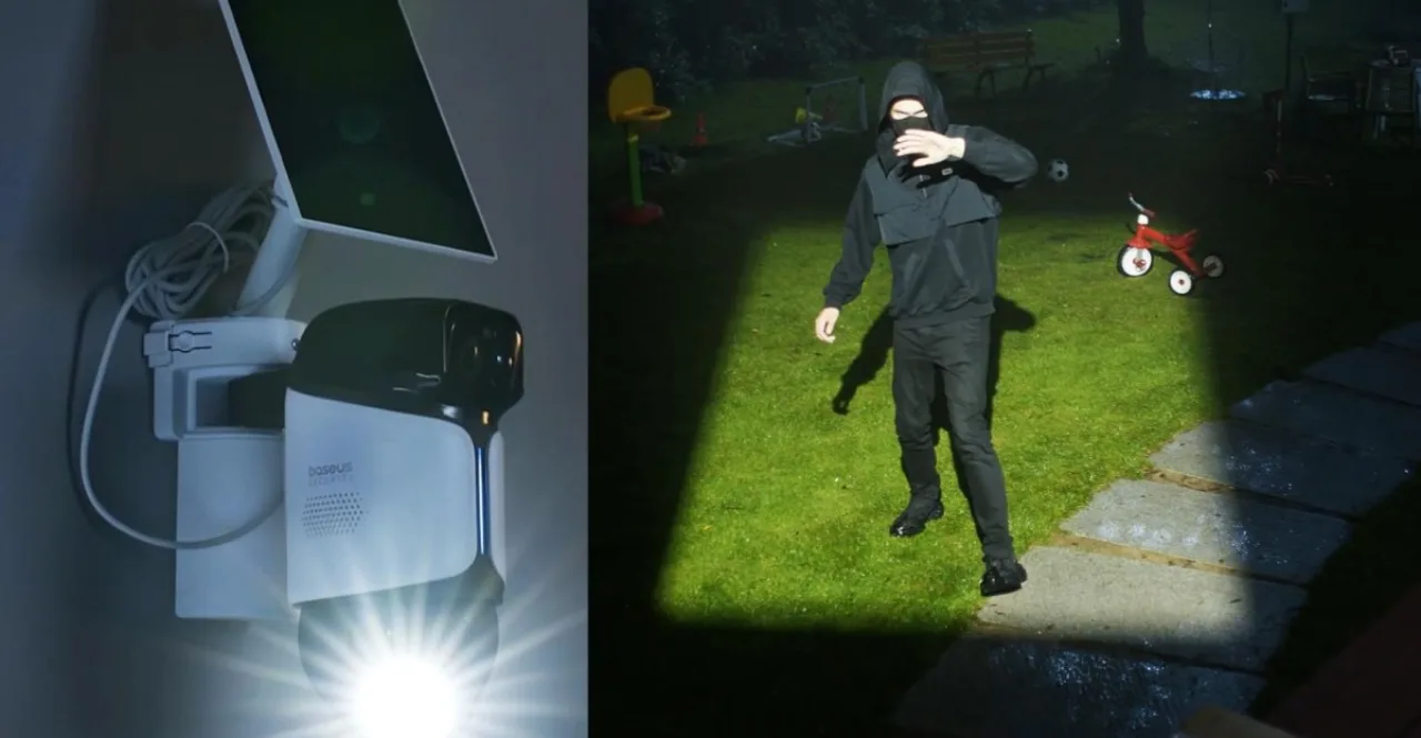 Câmera Baseus PrimeSentinel U2 Pro com holofote giratório iluminando e seguindo uma pessoa no quintal à noite