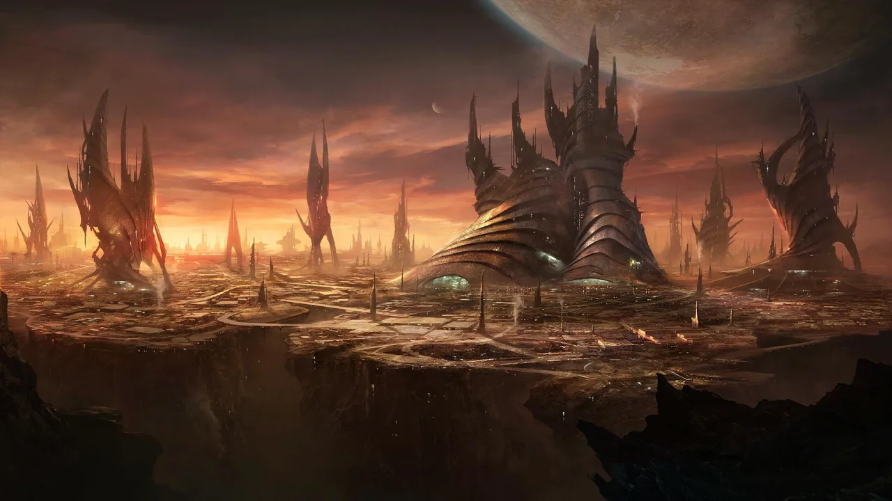 Nave espacial futurista em órbita planetária, destacando a estrutura tecnológica de uma Arkship em um jogo 4X