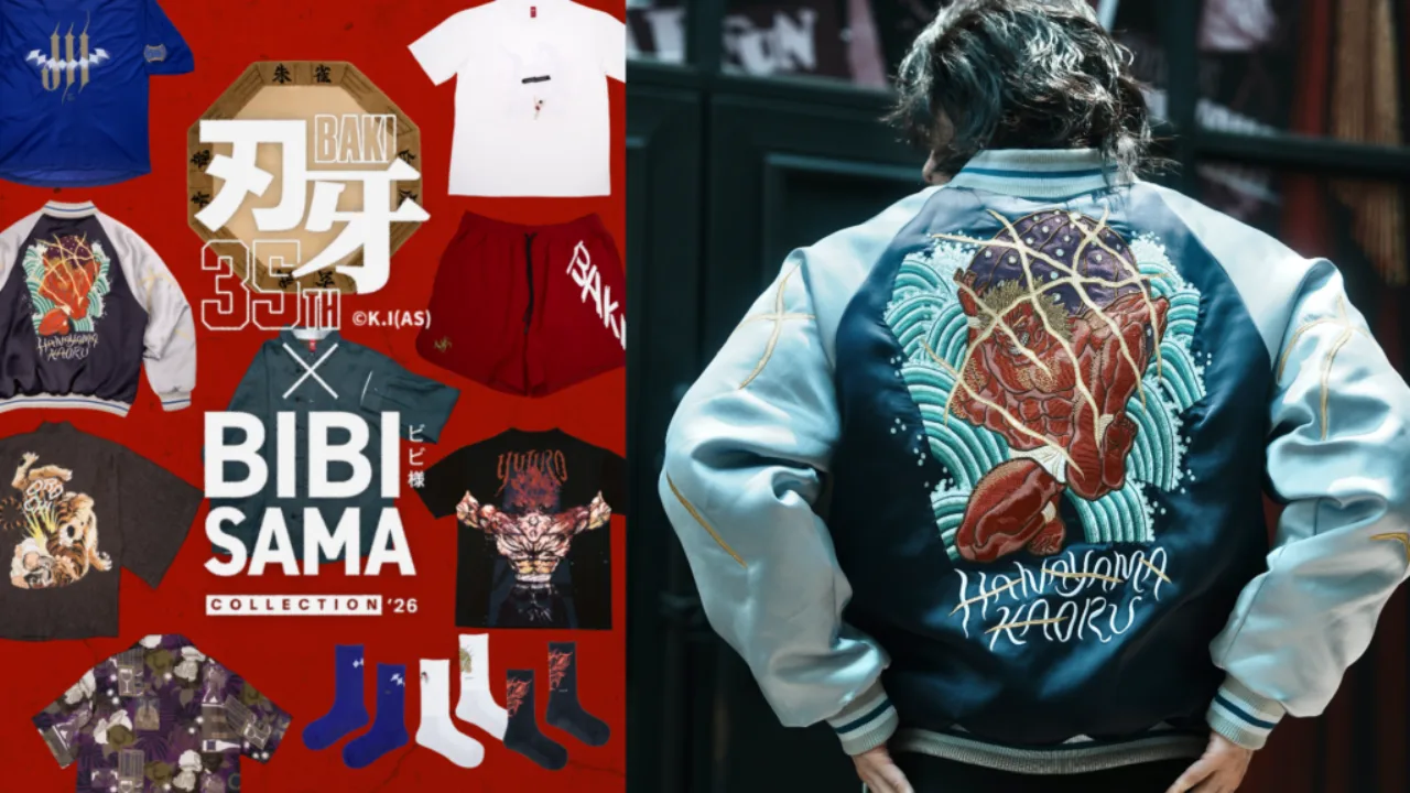 Modelo musculoso veste moletom com estampa de Baki enquanto realiza flexões intensas em um ginásio de artes marciais