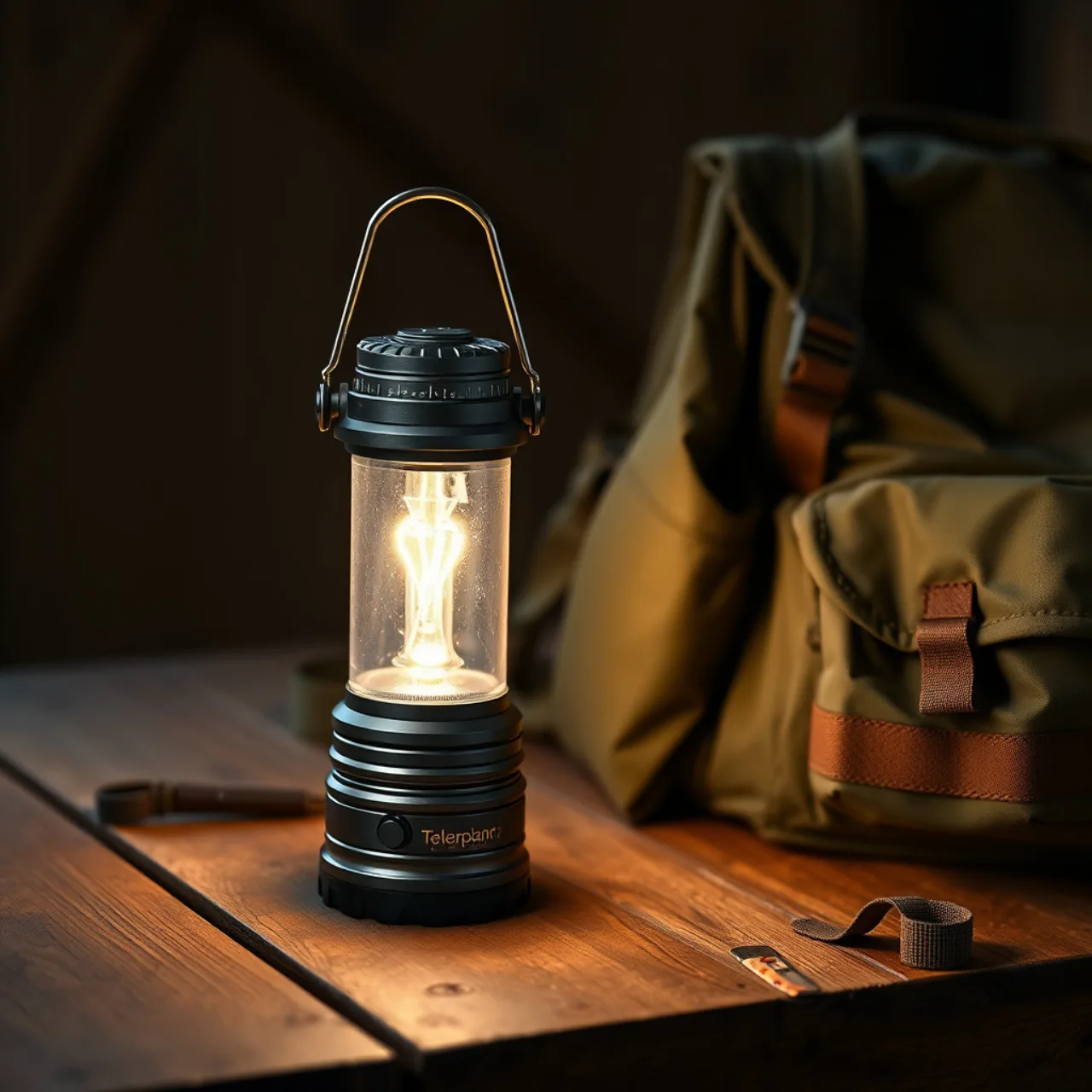 Pessoa em roupa esportiva fazendo alongamento ao ar livre, segurando a lanterna portátil BougeRV T1 iluminando o cenário