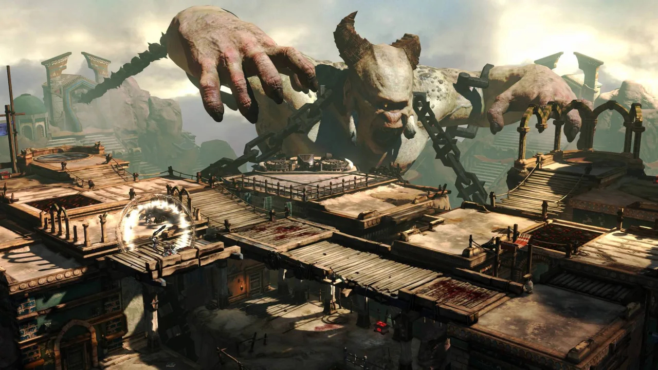 Kratos segurando halteres, vestindo roupa de treino, com o logo do PS5 ao fundo