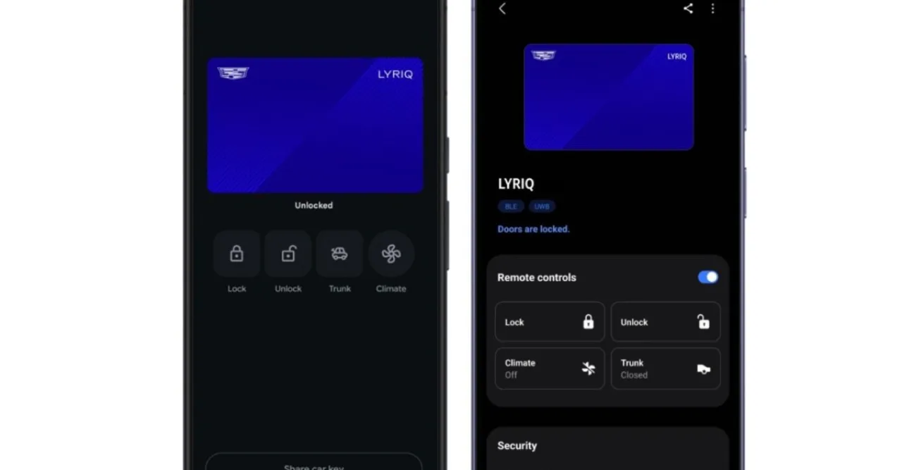 Smartphone com Samsung Wallet aberto mostrando chave digital ao lado do logotipo da GM e um carro Chevrolet