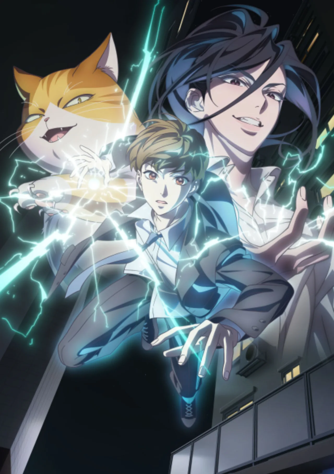 Jovem fazendo flexão ao lado de um pôster do key visual de Eleceed, com laptop aberto mostrando a data 2027