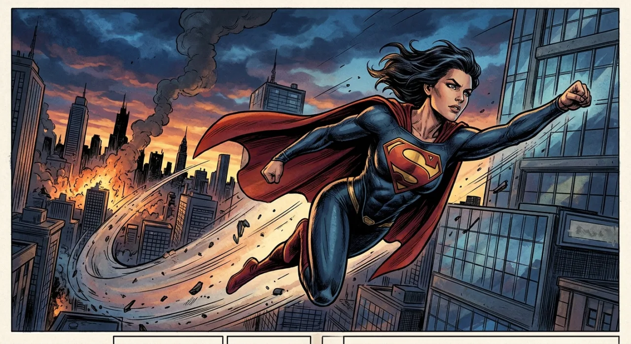 Superman voando sobre um mural com retratos de Jerry Siegel, Otto Binder, John Byrne, Dan Jurgens e Grant Morrison
