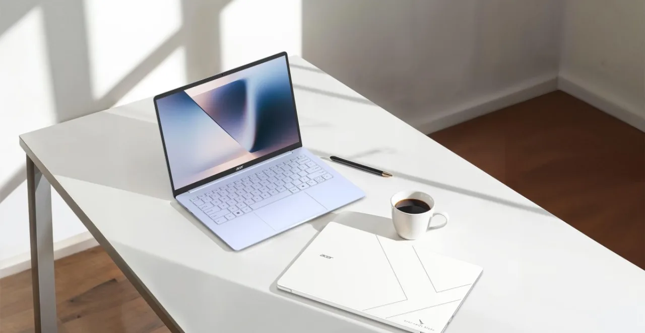 Jovem sentada em tapete de yoga, usando fones, digita no Acer Swift Blade 14 enquanto faz prancha lateral