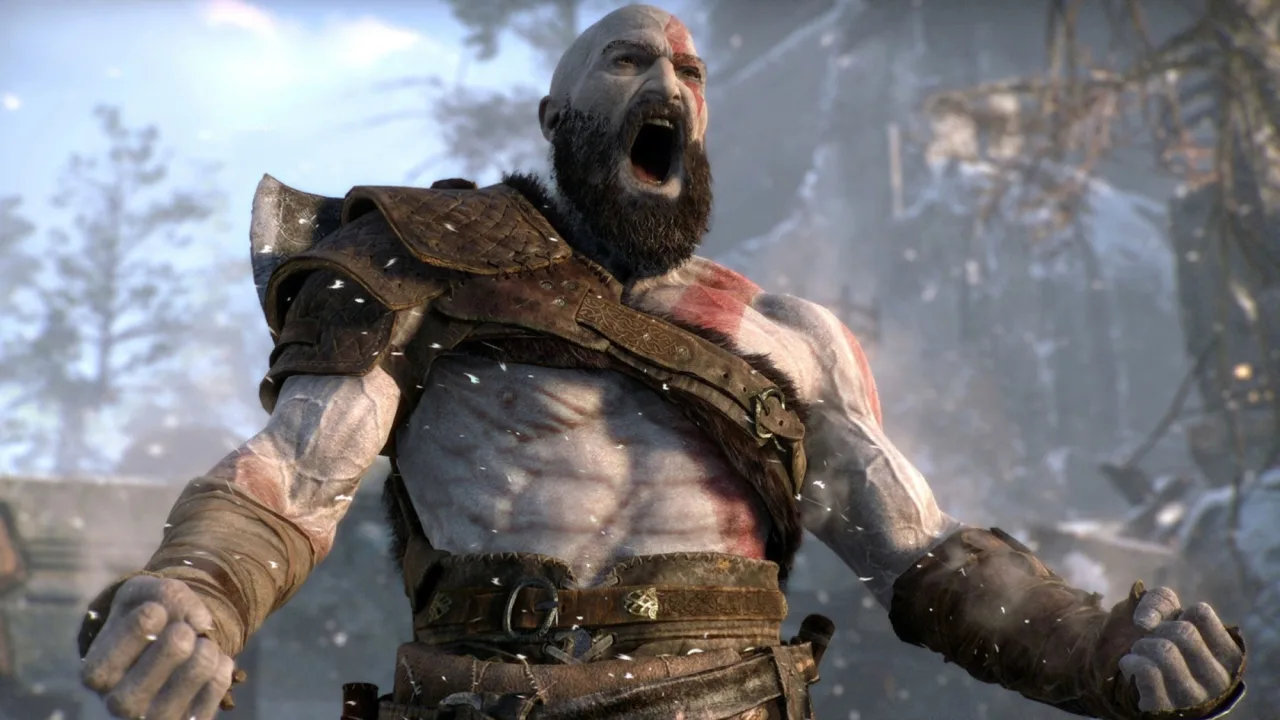 Atleta musculoso levanta halteres vermelhos ao lado de uma barra de proteína e um poster de Kratos