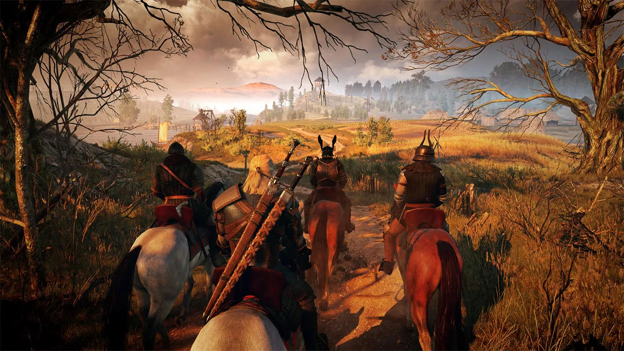 Geralt de Rívia em pose de combate, empunhando sua espada de prata em um cenário sombrio de floresta medieval