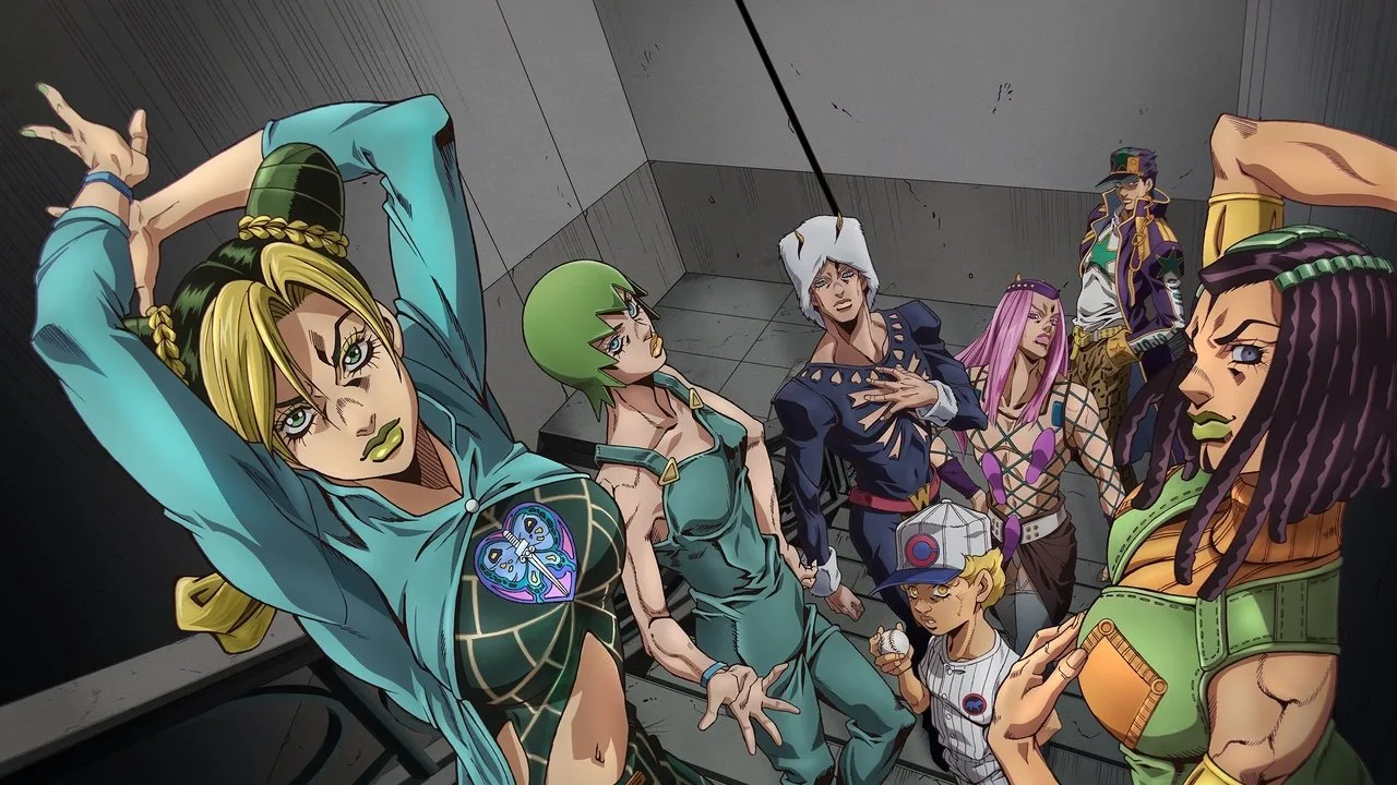 Jovem em roupa de treino, com fones, segurando controle da Netflix, ao fundo um poster de JoJo’s Steel Ball Run