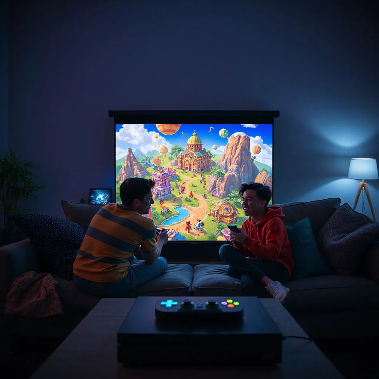 Personagens estilo estudante resolvendo quebra‑cabeça em sala colorida, com logo do Xbox Game Pass ao fundo