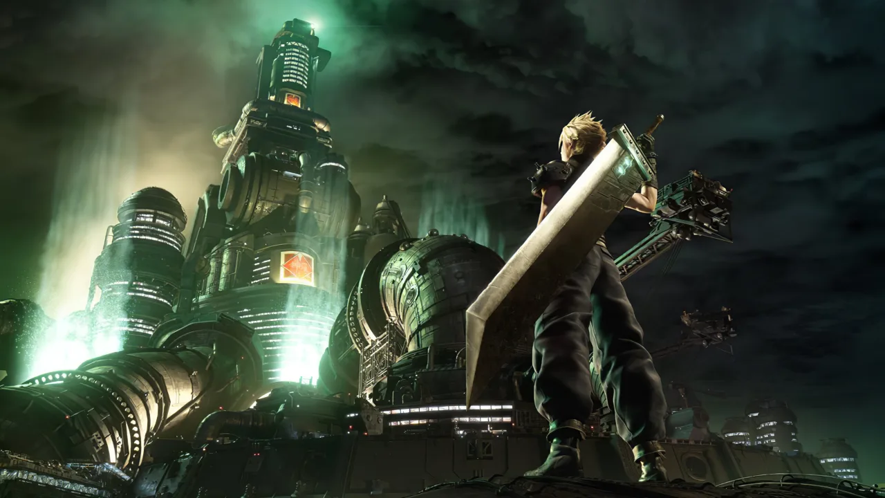 Jogador segurando controle, ao lado de um copo de whey e halteres, olhando para a capa de Final Fantasy 7 Revelation