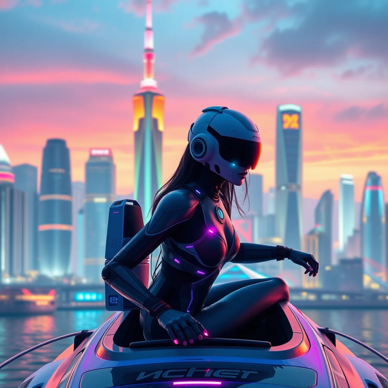 Atleta em traje futurista neon, correndo em esteira holográfica enquanto exibe smartwatch e garrafa de água