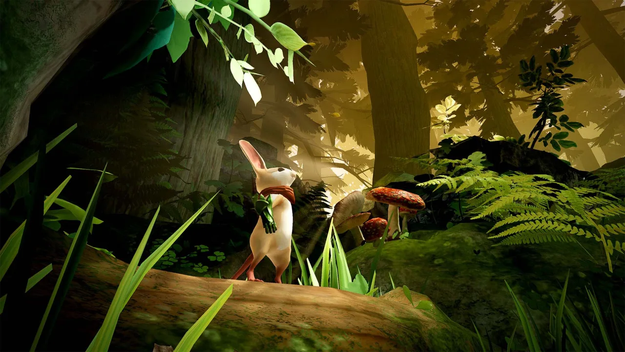 Ratinha Quill segurando uma espada em um cenário de floresta mágica, destacando a transição do VR para telas planas