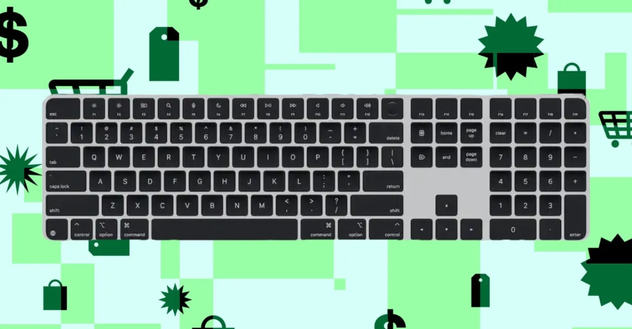 Apple Magic Keyboard preto com Touch ID e teclado numérico sobre fundo branco, ao lado do logo da Apple