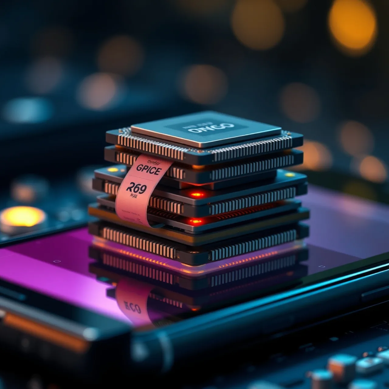 Jogador segurando console portátil ao lado de smartphone, cercado por chips Qualcomm e gráficos de preço
