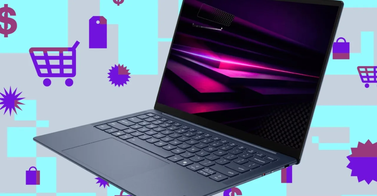 Laptop Lenovo Yoga Slim 7X aberto, exibindo tela 2K de 14” com bordas finas e logotipo prateado sobre mesa moderna