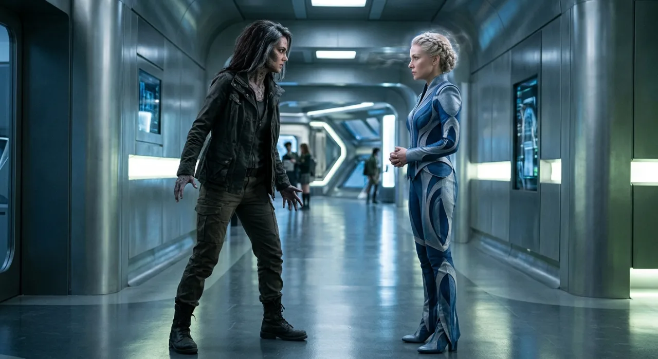 Justina LaGuardia e Emma Frost se encaram, rodeadas por energia azul e rubi, com o logotipo de X‑Men United ao fundo