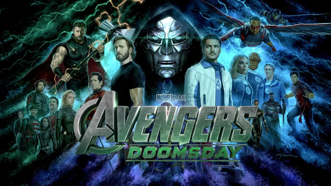 Balde de pipoca vermelho e verde com o símbolo da máscara do Doutor Destino ao lado do logo do filme Avengers: Doomsday