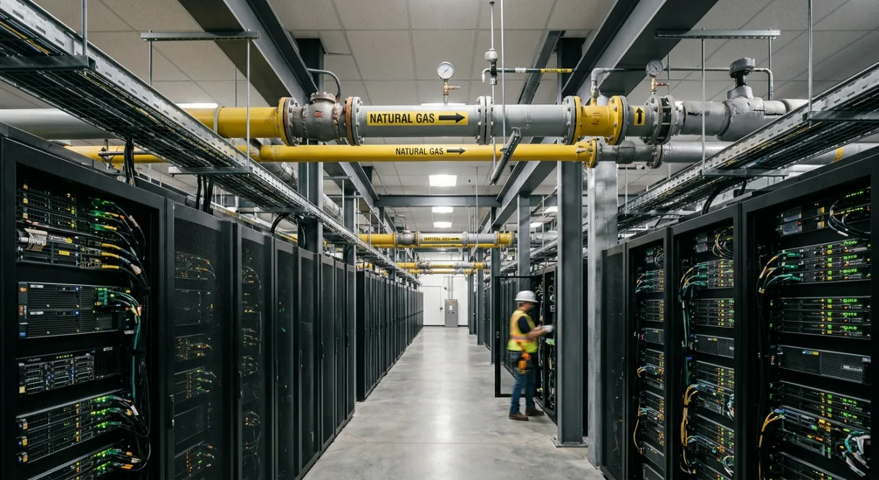Logo da Anthropic sobre servidores de data center com ícone de chama de gás natural ao fundo