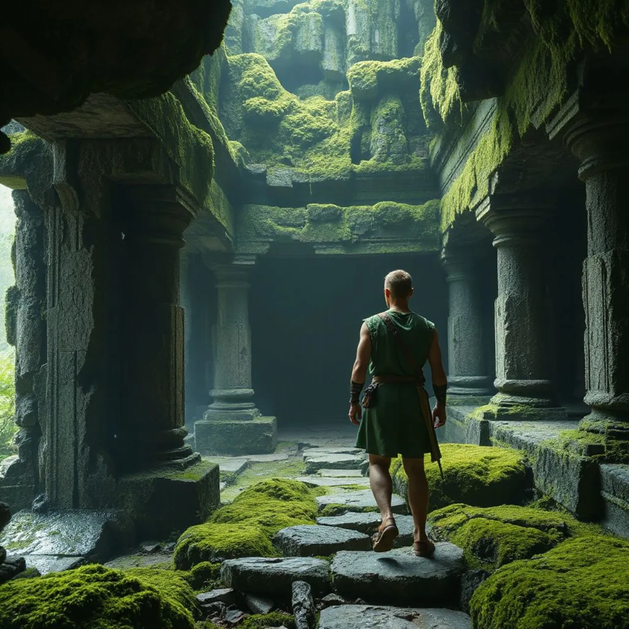 Link explora o Templo da Floresta de Ocarina of Time, cercado por vegetação e luzes verdes, com o logo Dungeon Crawl 4