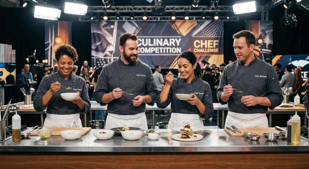 Sean Richard, Shin Eun Jung, Lee Doo Seok e Park Jae Min posam ao lado do logo Final Table, com fundo de cozinha