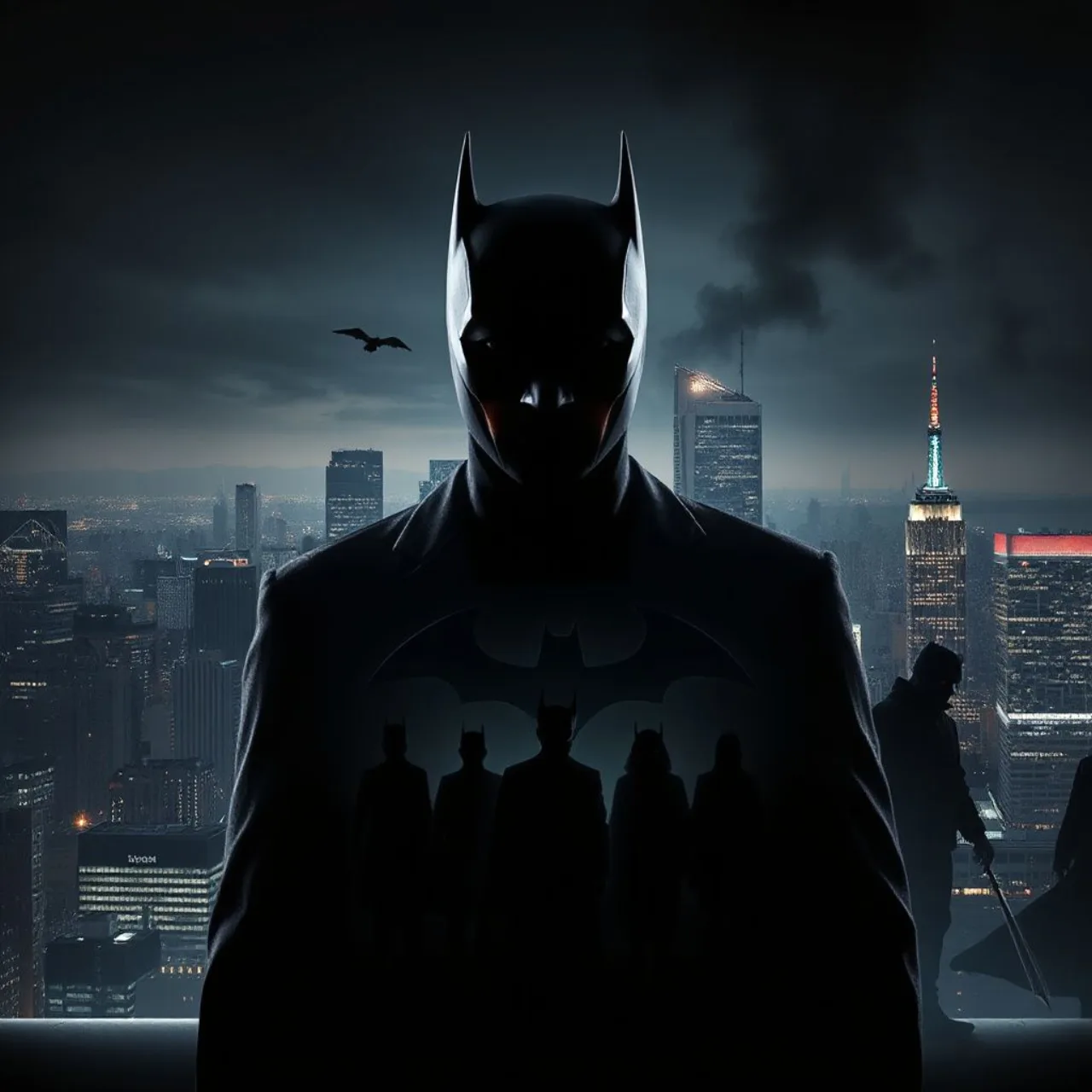 Colagem dos vilões icônicos do Batman – Coringa, Charada, Duas‑Caras, Pinguim, Bane e outros – ao redor de um retrato de Bruce Wayne