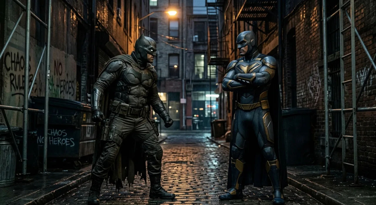 Red Hood, Deadshot, Captain Cold, Deathstroke e Sinestro em pose sombria, com o logotipo da DC ao fundo