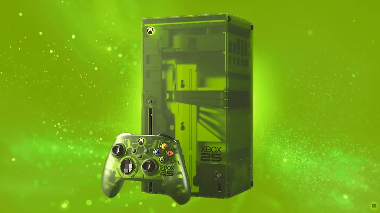 Jovem usando controle Xbox Series X enquanto faz agachamento com halteres ao lado