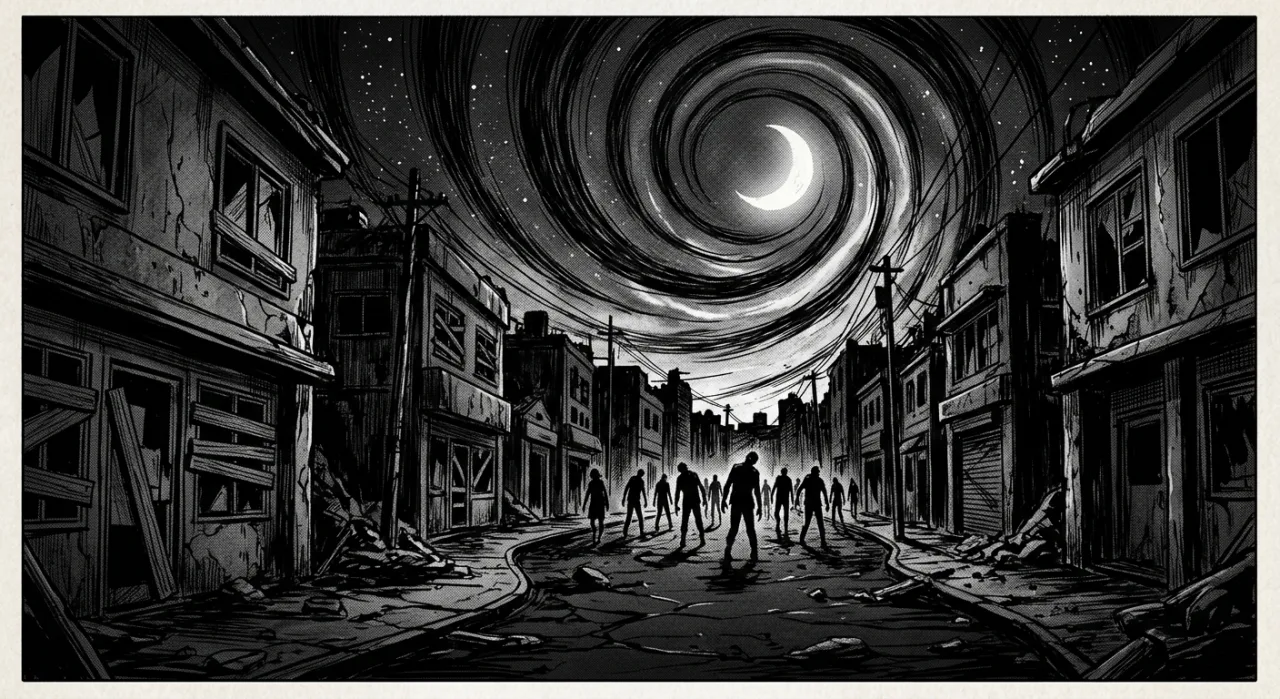 Capas sombrias de Uzumaki, The Promised Neverland e Zom 100 ao lado do logo da Hulu em fundo de Halloween