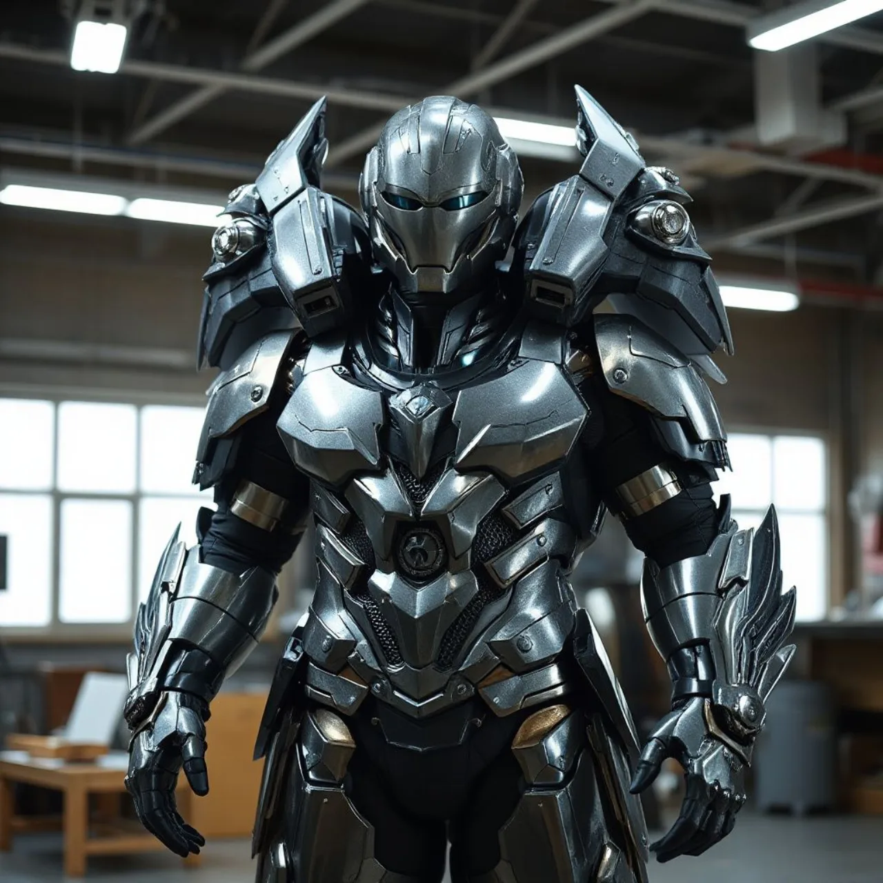 Tony Stark em sua armadura vermelha e dourada, com luzes de energia ao fundo, simbolizando sua tecnologia avançada